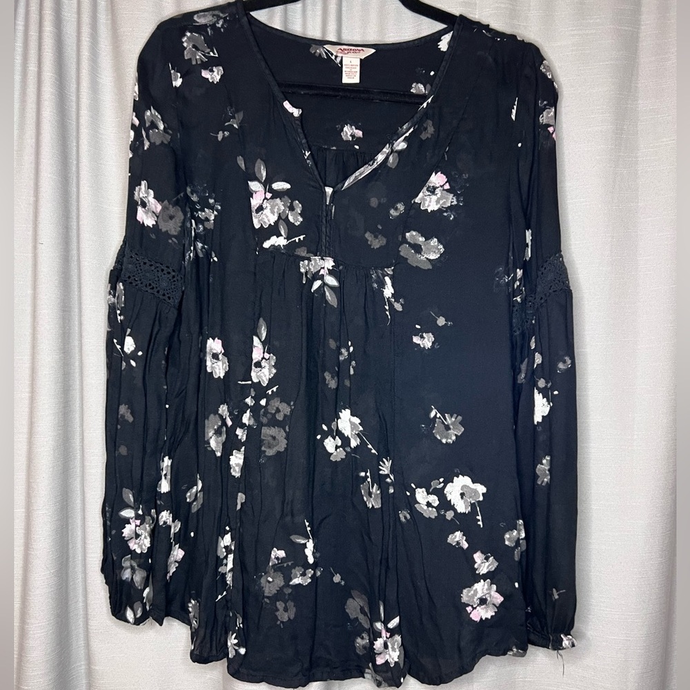 Arizona Jeans Black Floral Blouse Long Sleeve Size L